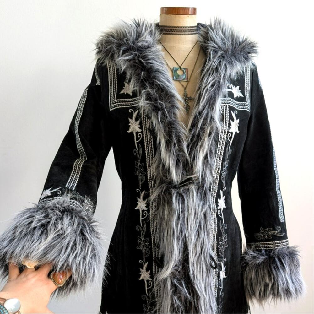 Vintage Black Suede Coat Penny Lane Groovy Faux Fur Jacket Afghan Trench Medium - Picture 1 of 13